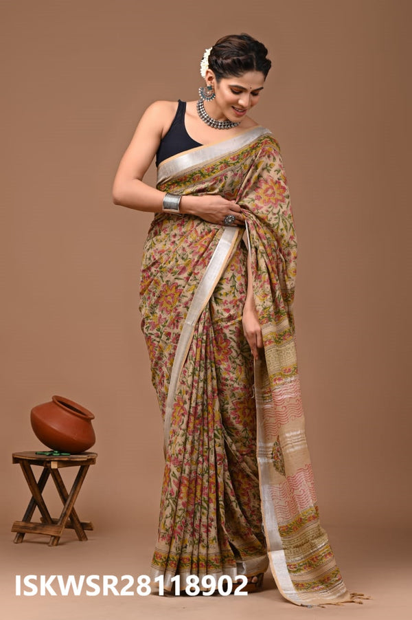 Hand Block Printed Linen Saree With Blouse-ISKWSR28118902