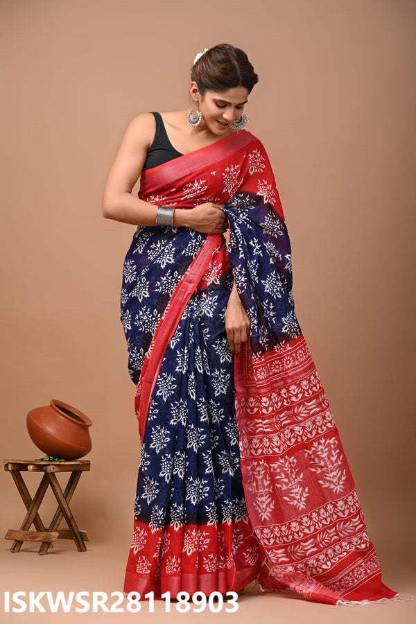 Hand Block Printed Linen Saree With Blouse-ISKWSR28118903