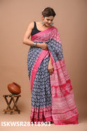 Hand Block Printed Linen Saree With Blouse-ISKWSR28118903