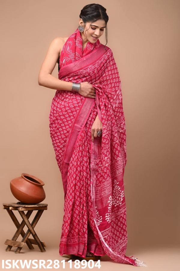 Hand Block Printed Linen Saree With Blouse-ISKWSR28118904