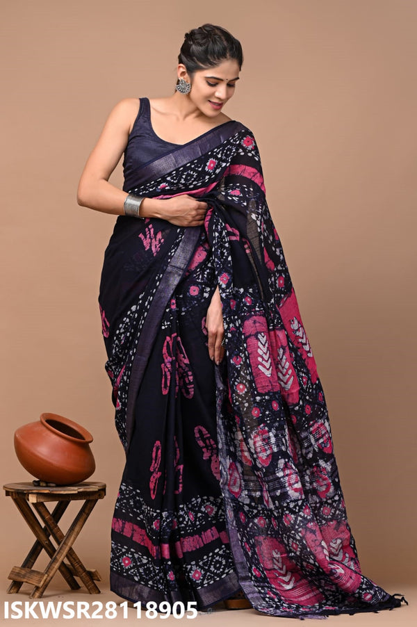 Hand Block Printed Linen Saree With Blouse-ISKWSR28118905