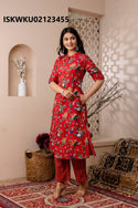 Printed Cotton Princess Cut A-Line Kurti With Pant-ISKWKU02123455