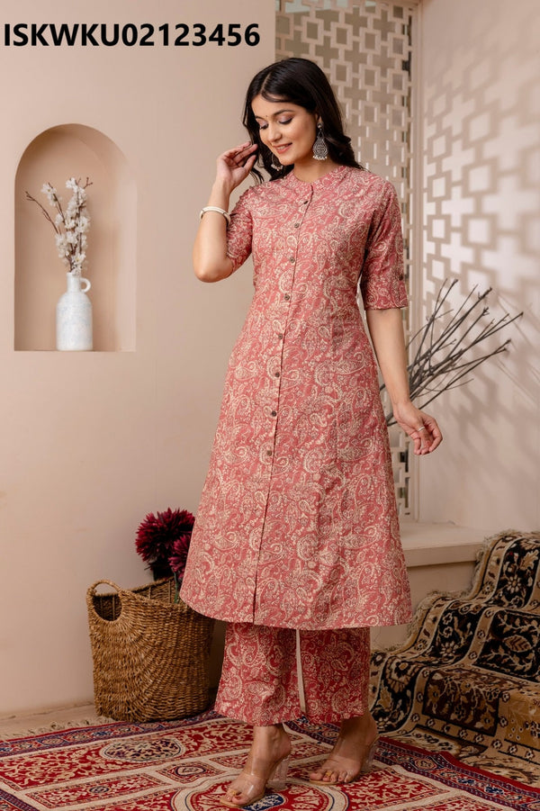 Printed Cotton Princess Cut A-Line Kurti With Pant-ISKWKU02123456