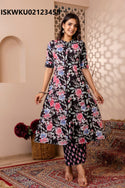 Printed Cotton Princess Cut A-Line Kurti With Pant-ISKWKU02123458