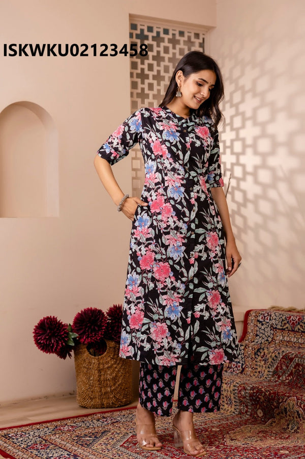 Printed Cotton Princess Cut A-Line Kurti With Pant-ISKWKU02123458