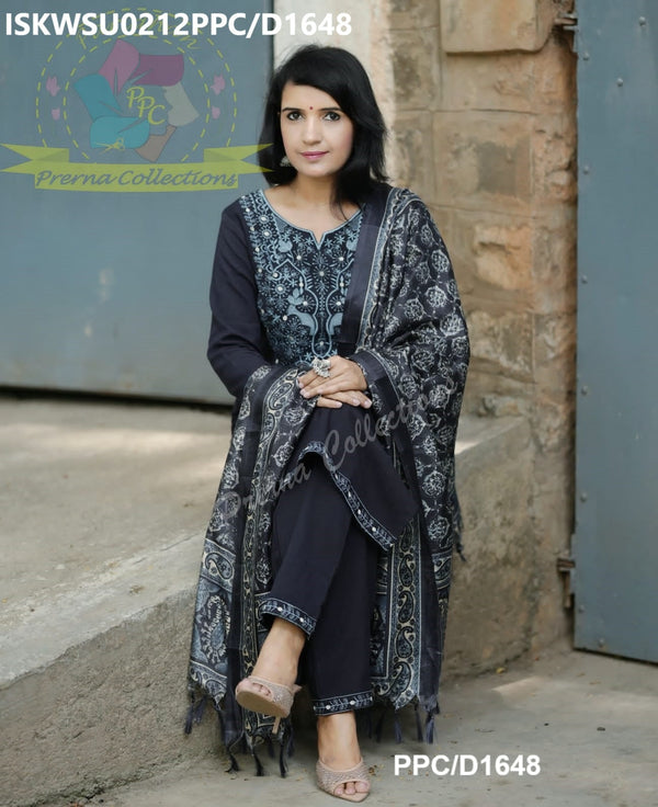 Handloom Cotton Kurti With Pant And Batik Printed Khadi Silk Dupatta-ISKWSU0212PPC/D1648