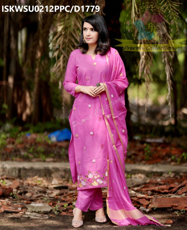 Embroidered Cotton Silk Kurti With Pant And Dupatta-ISKWSU0212PPC/D1779