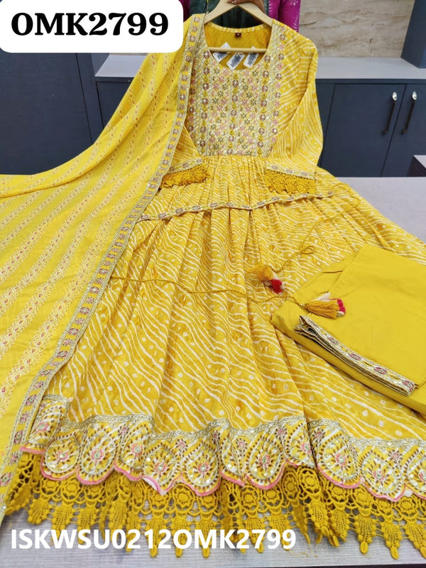 Lehariya Printed Malmal Cotton Anarkali Kurti With Pant And Malmal Dupatta-ISKWSU0212OMK2799