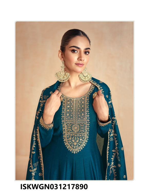 Embroidered Silk Gown With Dupatta-ISKWGN031217890