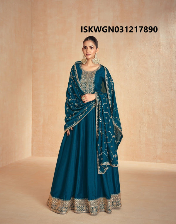 Embroidered Silk Gown With Dupatta-ISKWGN031217890