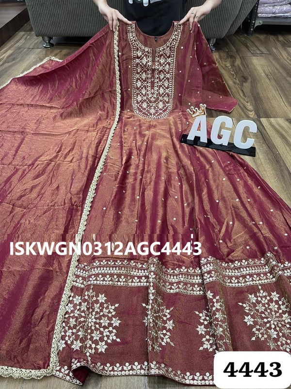 Embroidered Tissue Shimmer Silk Gown With Dupatta-ISKWGN0312AGC4443