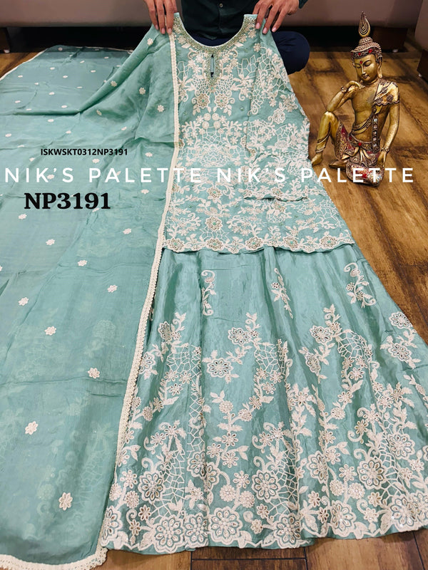 Embroidered Silk Kurti With Skirt And Dupatta-ISKWSKT0312NP3191