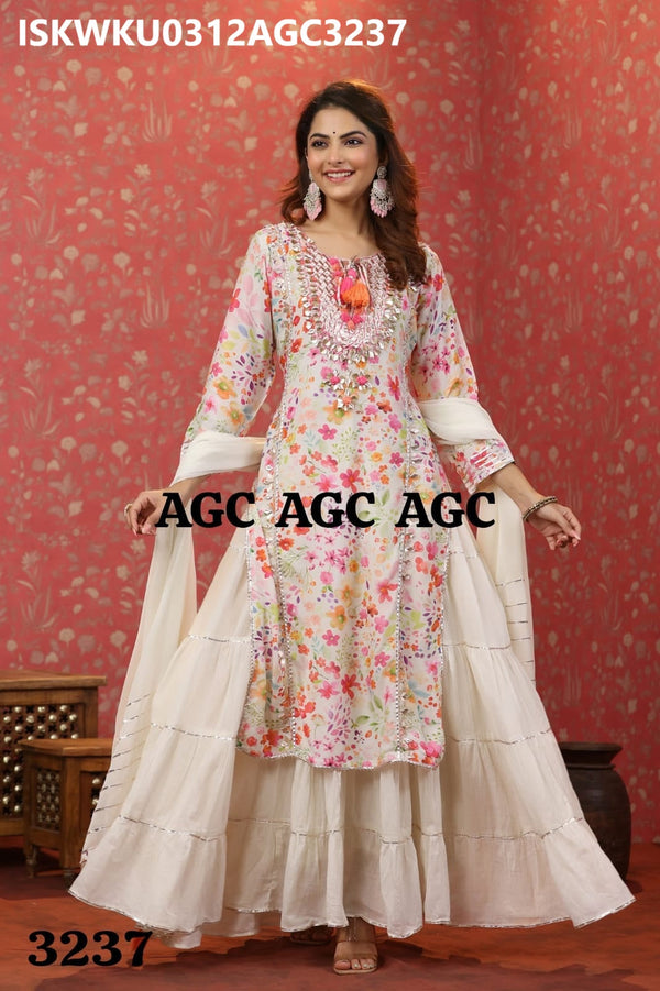 Floral Printed Maslin Kurti With Chiffon Dupatta -ISKWKU0312AGC3237