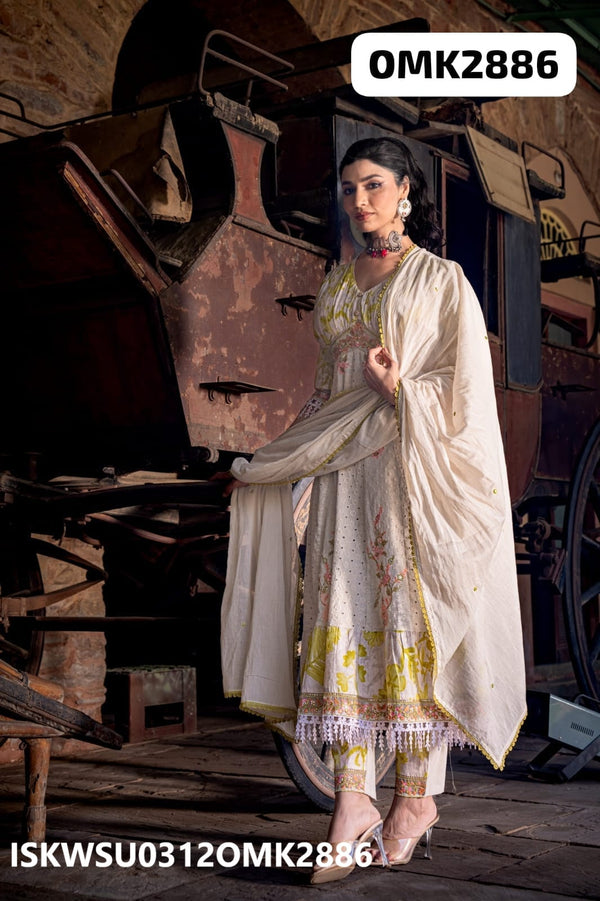 Cotton Schiffli Anarkali Kurti With Pant And Malmal Dupatta-ISKWSU0312OMK2886