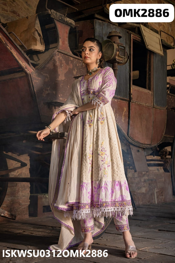 Cotton Schiffli Anarkali Kurti With Pant And Malmal Dupatta-ISKWSU0312OMK2886