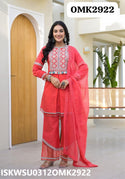 Embroidered Cotton Kurti With Pant And Dupatta-ISKWSU0312OMK2922