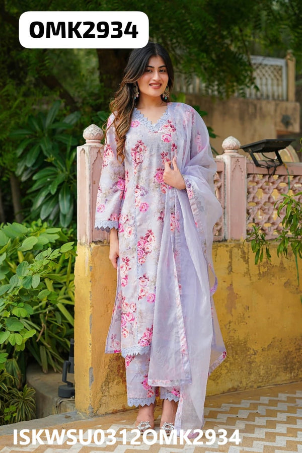 Digital Printed Linen Kurti With Pant And Organza Dupatta-ISKWSU0312OMK2934