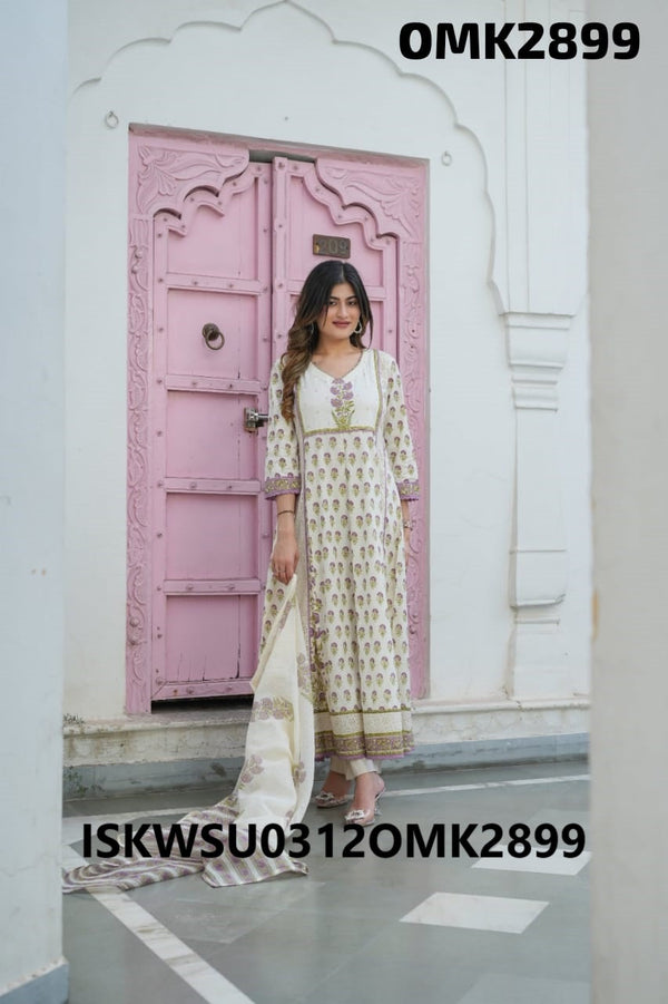 Block Printed Cotton Anarkali Kurti With Pant And Dupatta-ISKWSU0312OMK292