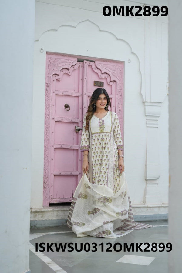 Block Printed Cotton Anarkali Kurti With Pant And Dupatta-ISKWSU0312OMK292