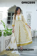 Block Printed Cotton Anarkali Kurti With Pant And Dupatta-ISKWSU0312OMK292