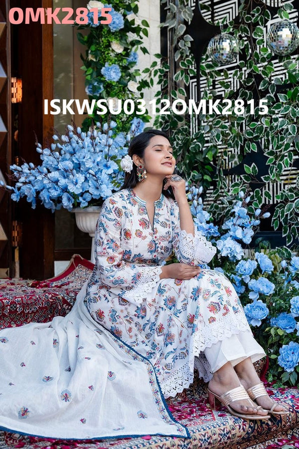 Floral Printed Cotton Anarkali Kurti With Pant And Dupatta-ISKWSU0312OMK292