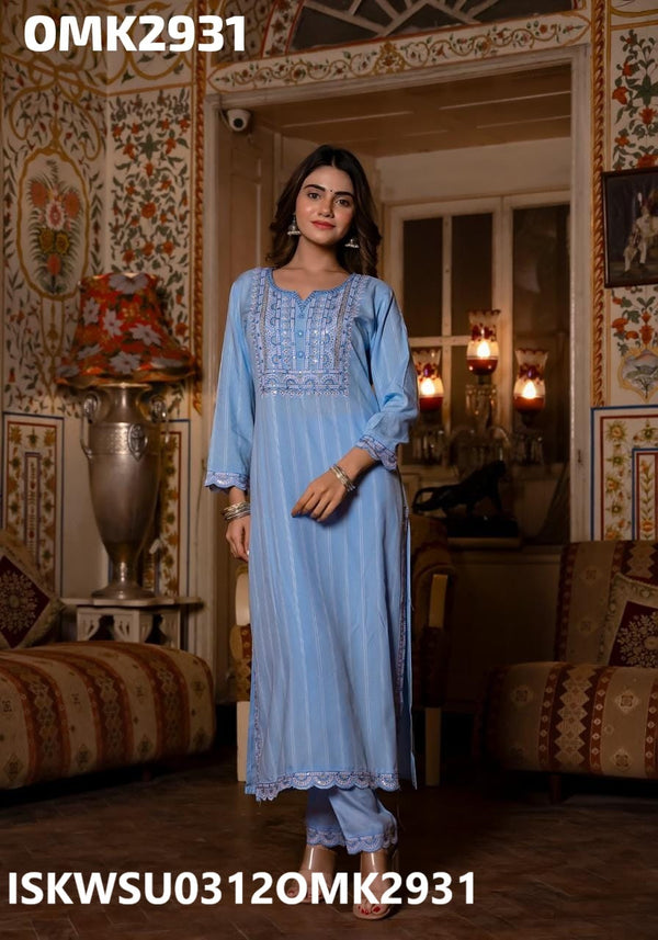 Embroidered Dobby Cotton Kurti With Pant And Printed Organza Dupatta-ISKWSU0312OMK2931