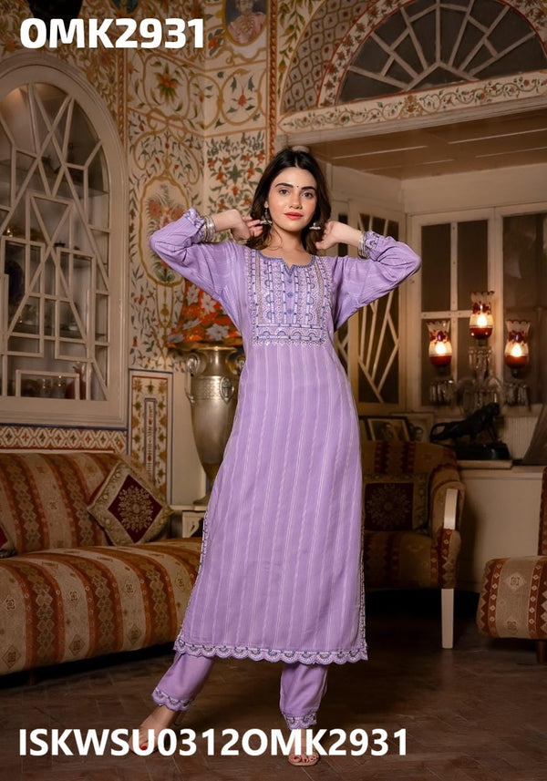 Embroidered Dobby Cotton Kurti With Pant And Printed Organza Dupatta-ISKWSU0312OMK2931