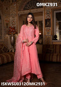 Embroidered Dobby Cotton Kurti With Pant And Printed Organza Dupatta-ISKWSU0312OMK2931