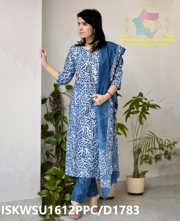 Hand Batik Printed Chanderi Kurti With Pant And Dupatta-ISKWSU1612PPC/D1783