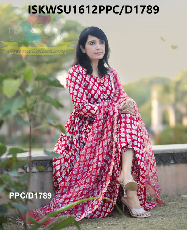 Hand Block Printed Cotton Anarkali Kurti With Pant And Kota Doriya Dupatta-ISKWSU1612PPC/D1789