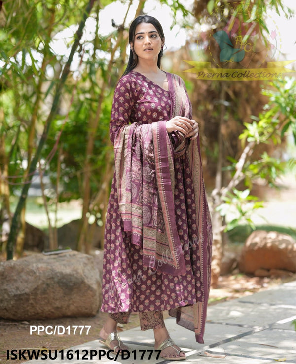 Block Printed Cotton Anarkali Kurti With Pant And Malmal Cotton Dupatta-ISKWSU1612PPC/D1777