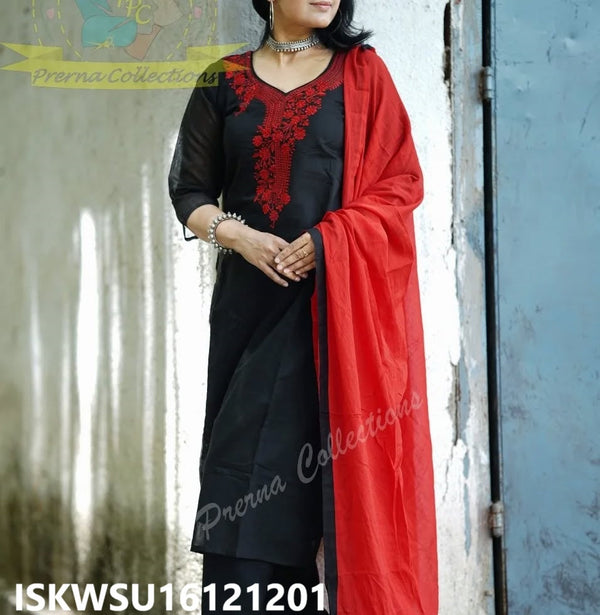 Embroidered Chanderi Silk Kurti With Pant And Dupatta-ISKWSU16121201