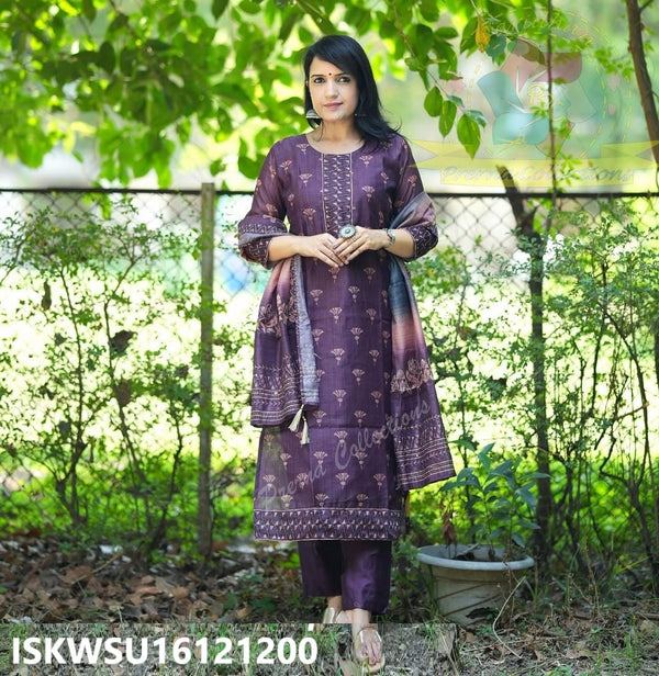 Printed Chanderi Silk Kurti With Pant And Dupatta-ISKWSU16121200