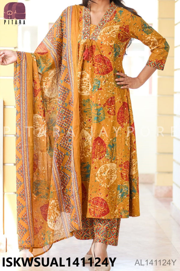 Printed Cotton Flared Kurti With pant And Dupatta-ISKWSUAL141124G/AL141114Y