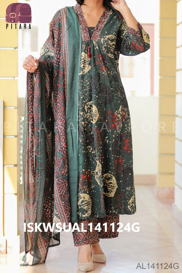 Printed Cotton Flared Kurti With pant And Dupatta-ISKWSUAL141124G/AL141114Y