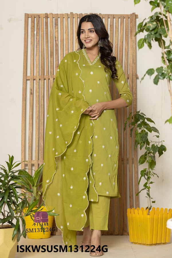 Embroidered Cotton Kurti With Pant And And Dupatta-ISKWSUSM131224G