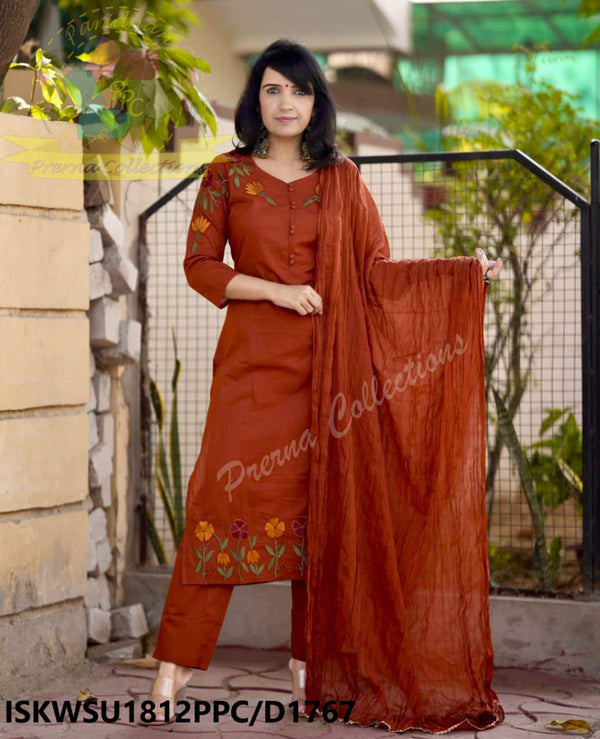 Embroidered Cotton Kurti With Pant And Crushed Malmal Cotton Dupatta-ISKWSU1812PPC/D1767