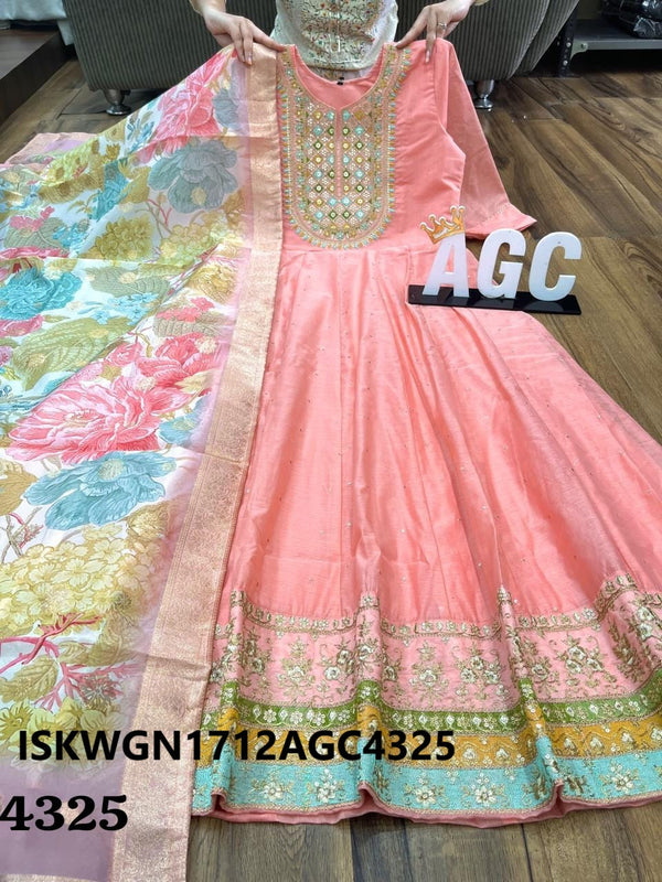 Embroidered Chanderi Silk Gown With Digital Printed Silk Dupatta-ISKWGN1712AGC4325