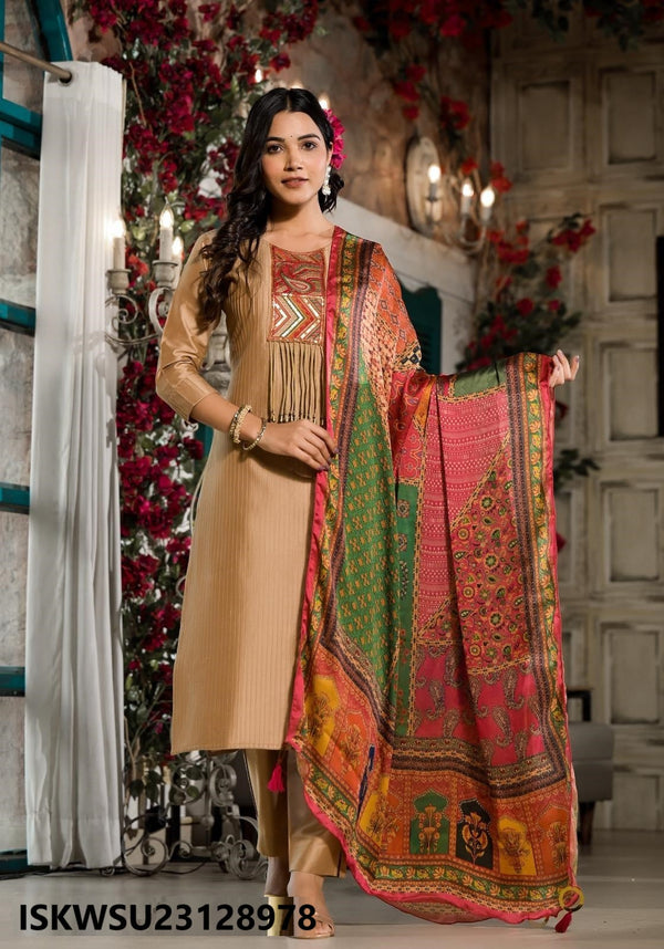 Embroidered Silk Kurti With Pant And Digital Printed Dupatta-ISKWSU23128978