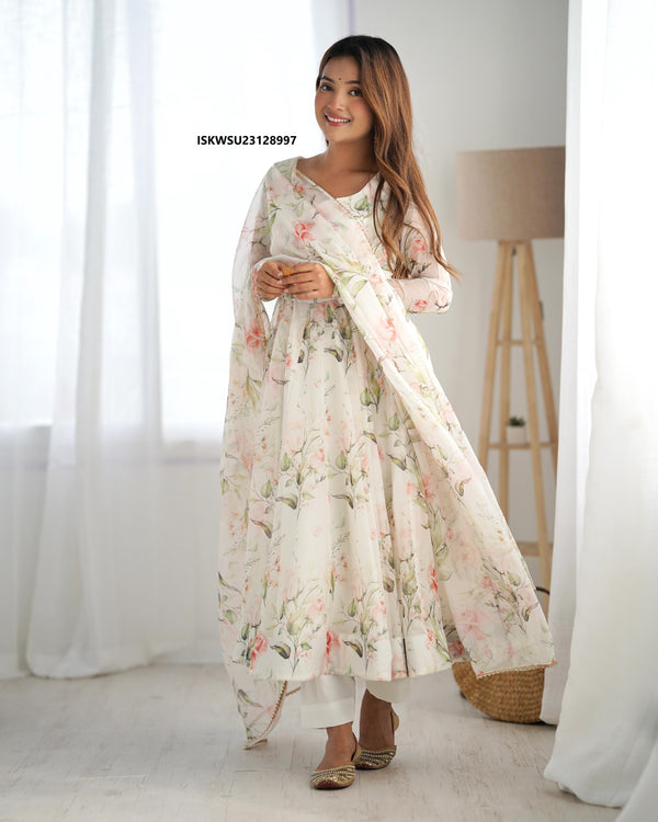 Floral Printed Organza Anarkali Kurti With Cotton Silk Pant And Dupatta-ISKWSU23128997