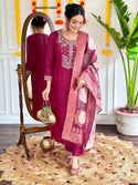 Embroidered Silk Kurti With Pant And Printed Dupatta-ISKWSU23128992