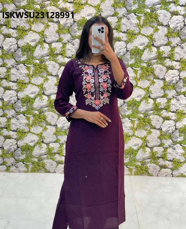 Embroidered Silk Kurti With Pant And Jacquard Printed Dupatta-ISKWSU23128991