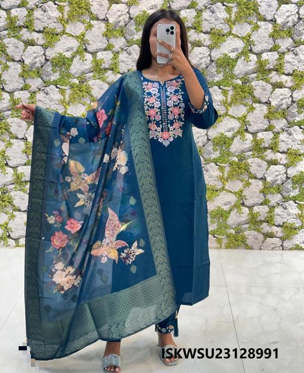 Embroidered Silk Kurti With Pant And Jacquard Printed Dupatta-ISKWSU23128991