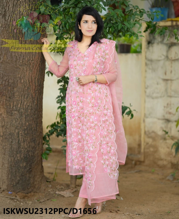 Embroidered Kota Doriya Kurti With Cotton Pant And Kota Doriya Dupatta-ISKWSU2312PPC/D1656