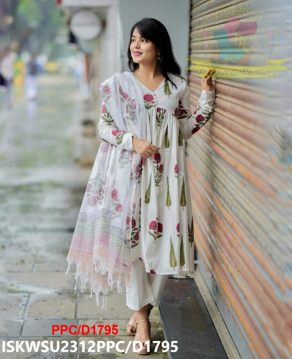 Hand Block Mughal Butta Printed Cotton Anarkali Kurti With Pant And Kota Doriya Dupatta-ISKWSU2312PPC/D1795