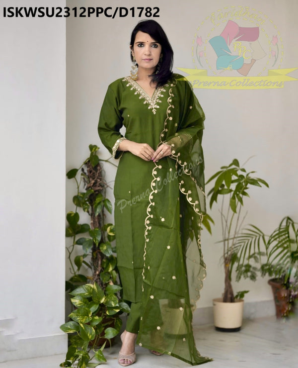 Embroidered Silk Kurti With Pant And Organza Dupatta-ISKWSU2312PPC/D1782