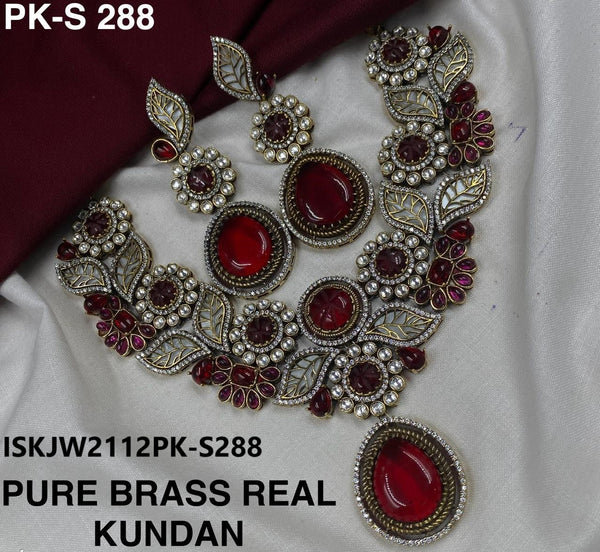 Pure Brass Real Kundan Jewelry Set-ISKJW2112PK-S288