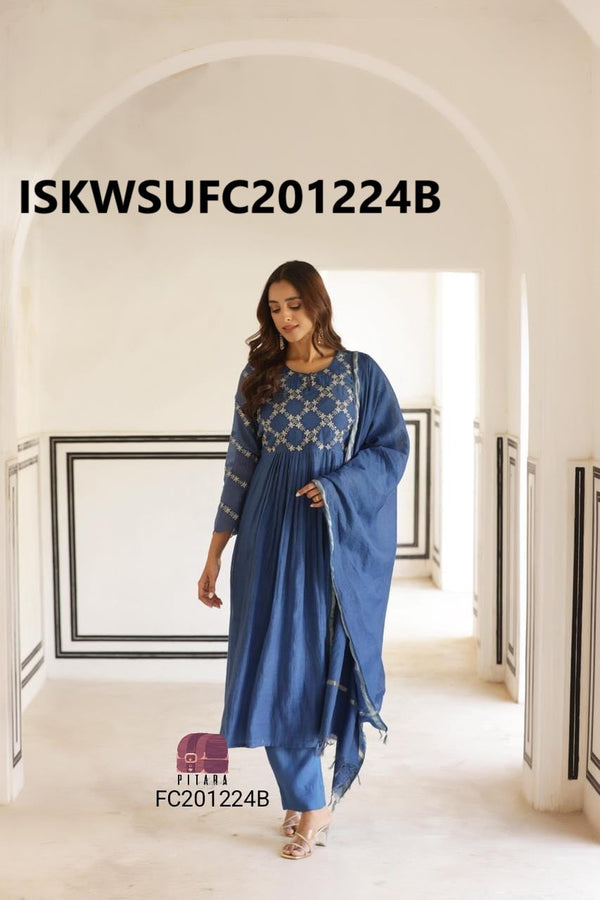 Embroidered Malmal Chanderi Flared Kurti With Silk Pant And Dupatta-ISKWSUFC201224B