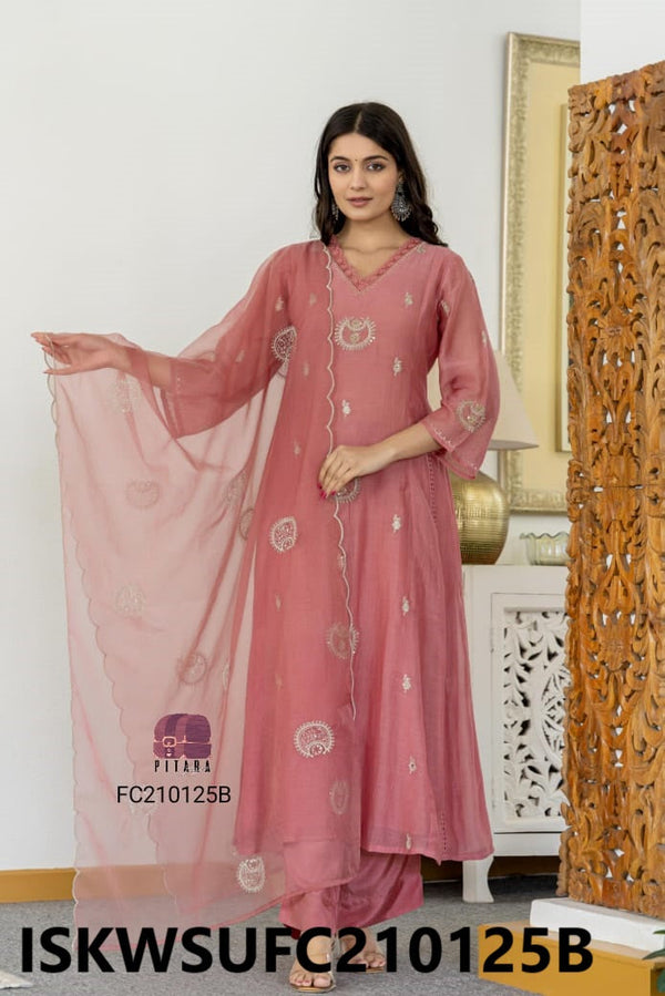 Embroidered Malmal Chanderi Kurti With Silk Pant And Organza Dupatta-ISKWSUFC210125B/FC210125P