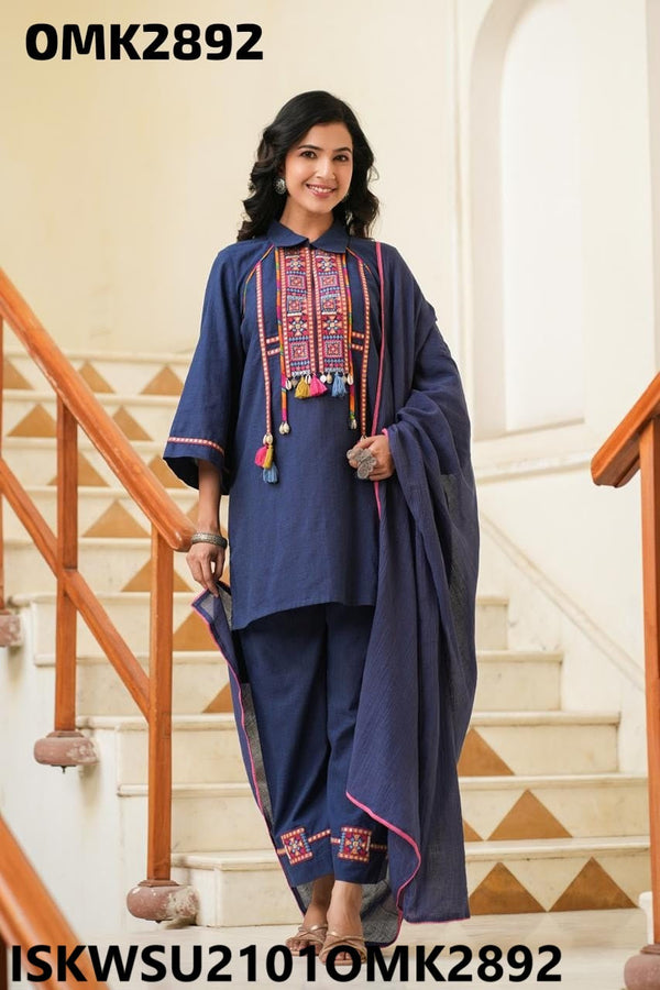 Embroidered Cotton Kurti With Pant And Dupatta-ISKWSU2101OMK2892